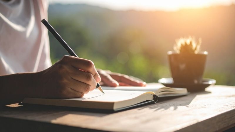 a young person journaling outside